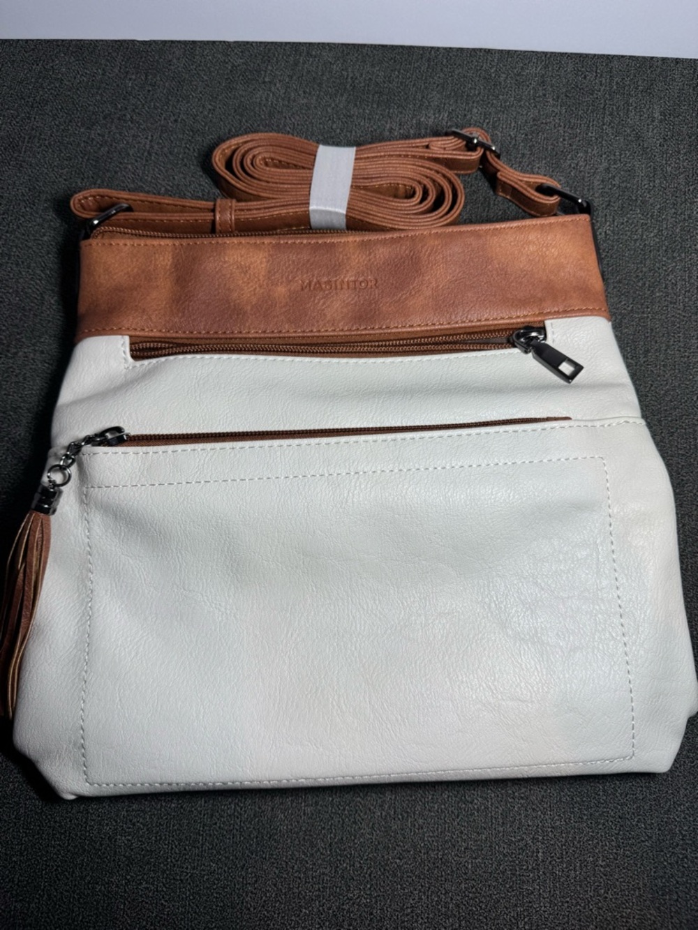 NWT Masintor White Brown Crossbody Bag with Tassel, Zip Closure